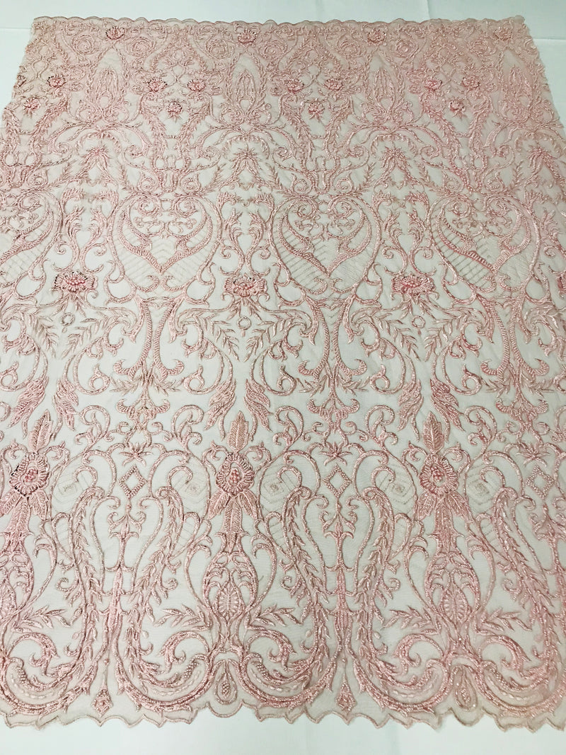 Glam Damask Beaded Fabric - Pink - Embroidered Elegant Fashion Fabric with Beads on Mesh