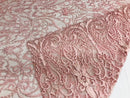 Glam Damask Beaded Fabric - Pink - Embroidered Elegant Fashion Fabric with Beads on Mesh