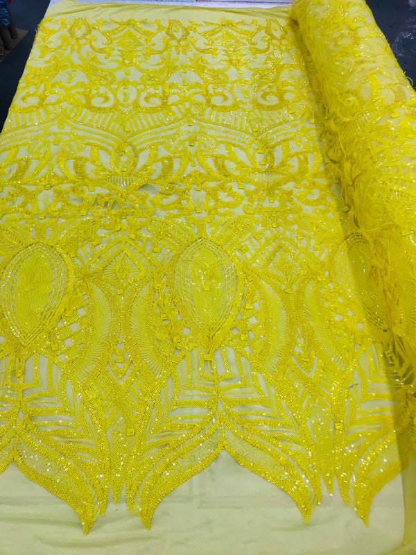 Luxury Feather Sequins - Yellow - 4 Way Stretch Glamorous Fringe Feather Sequins Fabric
