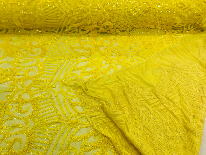 Luxury Feather Sequins - Yellow - 4 Way Stretch Glamorous Fringe Feather Sequins Fabric