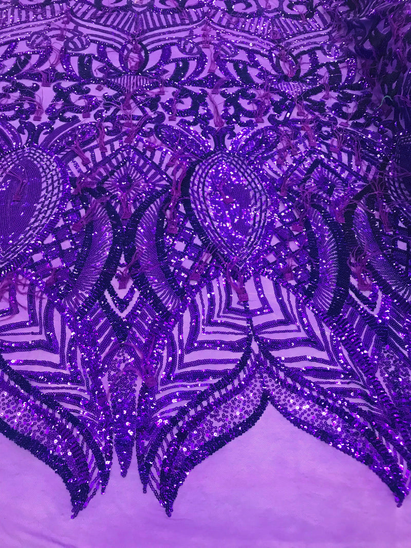 Luxury Feather Sequins - Purple - 4 Way Stretch Glamorous Fringe Feather Sequins Fabric
