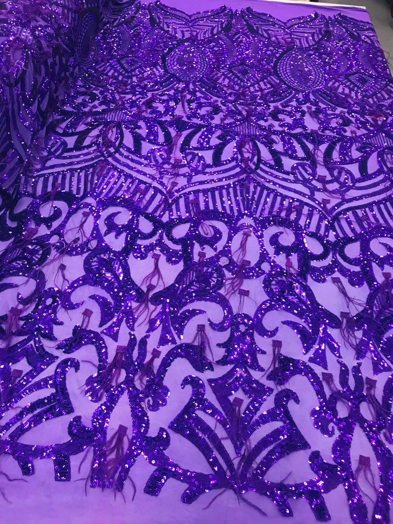 Luxury Feather Sequins - Purple - 4 Way Stretch Glamorous Fringe Feather Sequins Fabric