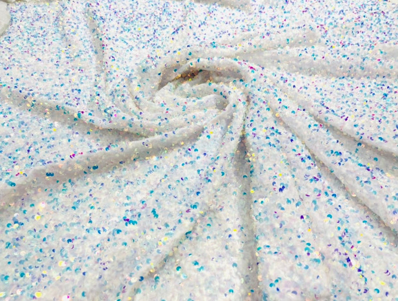 Velvet Stretch Sequins - Iridescent Aqua Clear Sequins on White 2 Way Stretch Velvet Fabric 58/60”