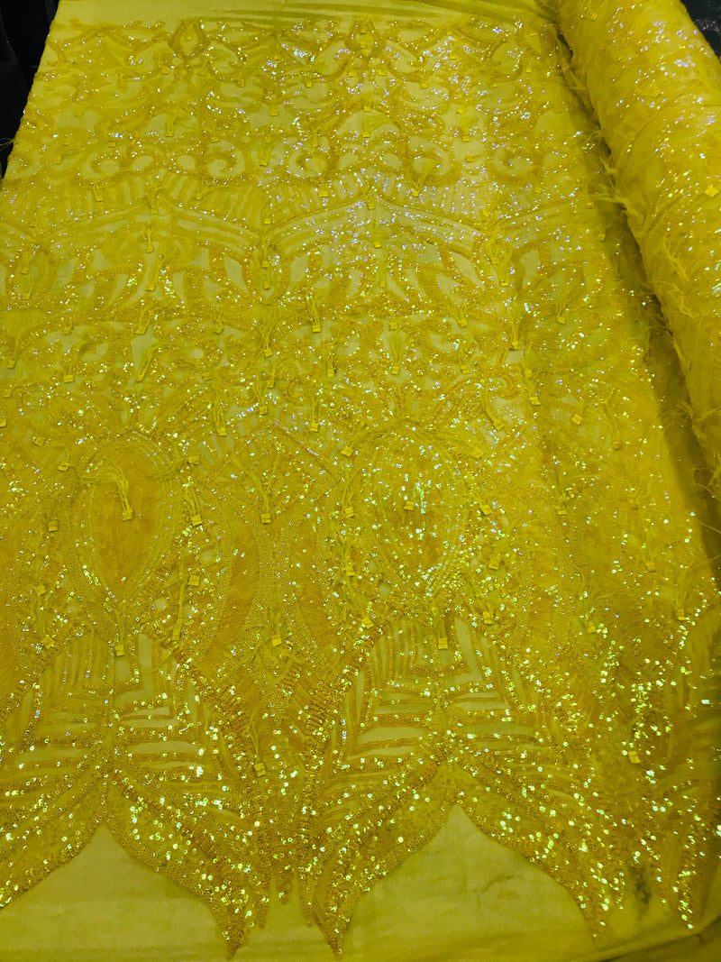 Luxury Feather Sequins - Iridescent Yellow - 4 Way Stretch Glamorous Fringe Feather Sequins Fabric