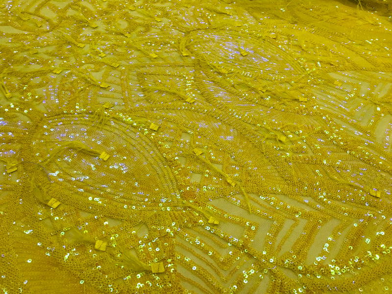 Luxury Feather Sequins - Iridescent Yellow - 4 Way Stretch Glamorous Fringe Feather Sequins Fabric