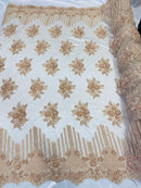 Beaded Fabric - Blush Peach - Hand Embroidery Lace Bridal Floral Mesh Dress Fabric By Yard