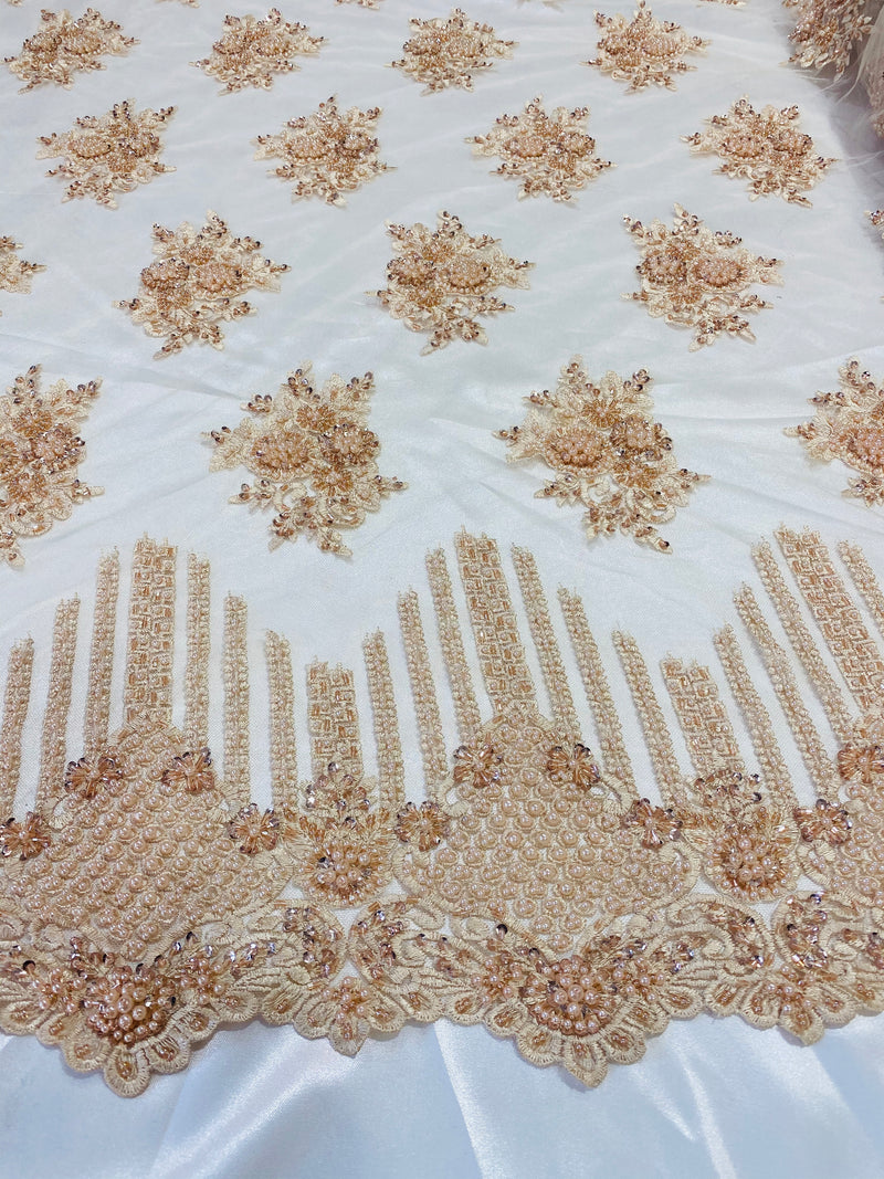 Beaded Fabric - Blush Peach - Hand Embroidery Lace Bridal Floral Mesh Dress Fabric By Yard