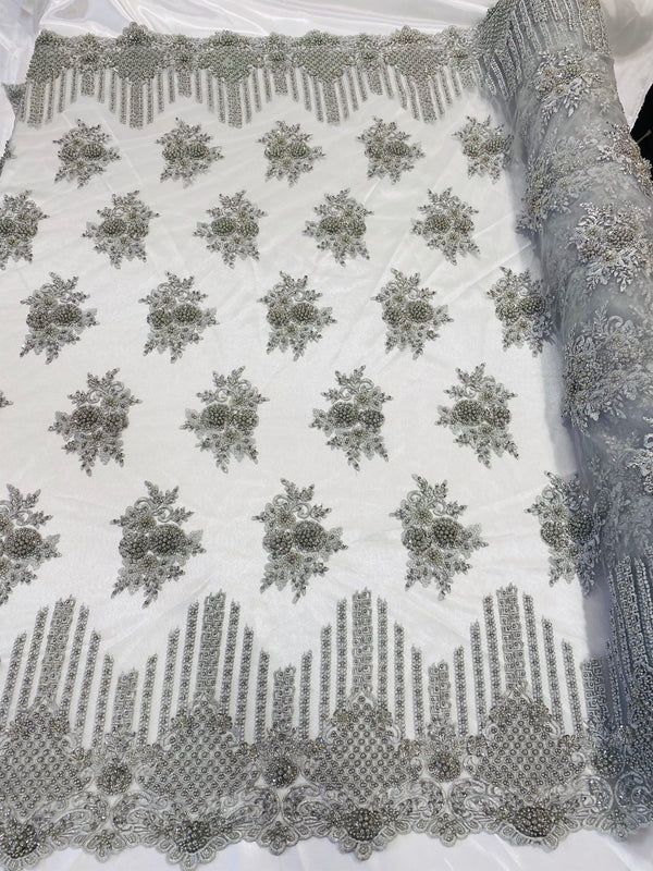 Beaded Fabric - Silver - Hand Embroidery Lace Bridal Floral Mesh Dress Fabric By Yard