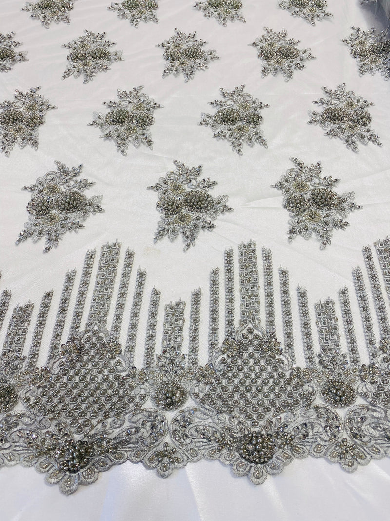 Beaded Fabric - Silver - Hand Embroidery Lace Bridal Floral Mesh Dress Fabric By Yard