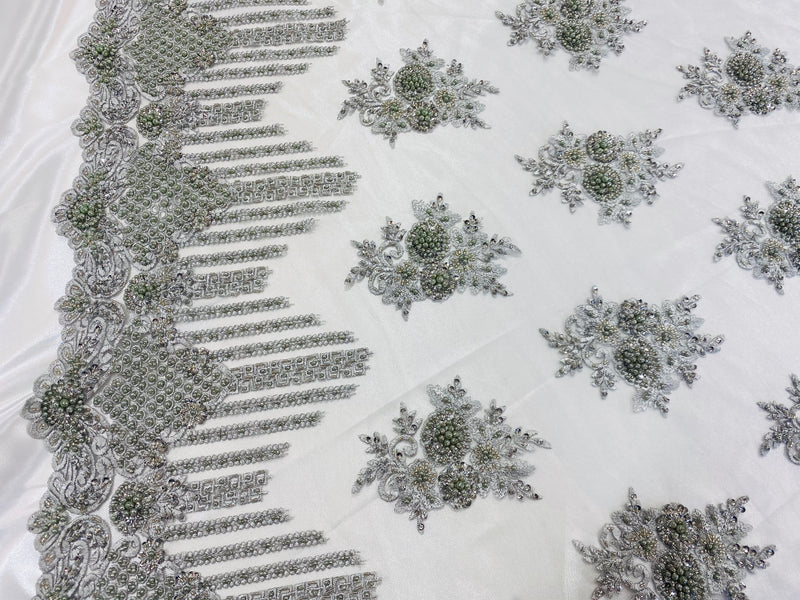 Beaded Fabric - Silver - Hand Embroidery Lace Bridal Floral Mesh Dress Fabric By Yard