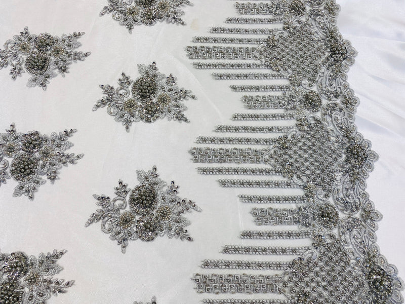 Beaded Fabric - Silver - Hand Embroidery Lace Bridal Floral Mesh Dress Fabric By Yard