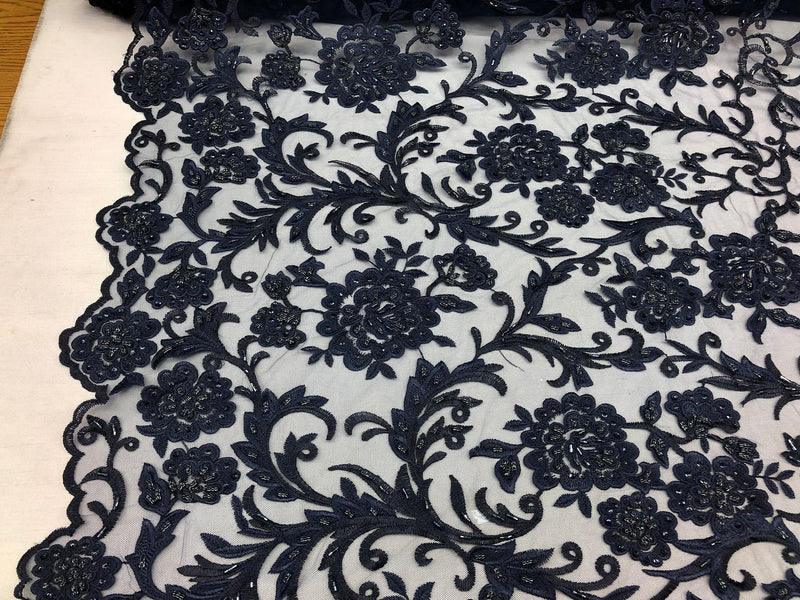 Beaded Floral - NAVY BLUE - Luxury Wedding Bridal Embroidery Lace Fabric Sold By The Yard