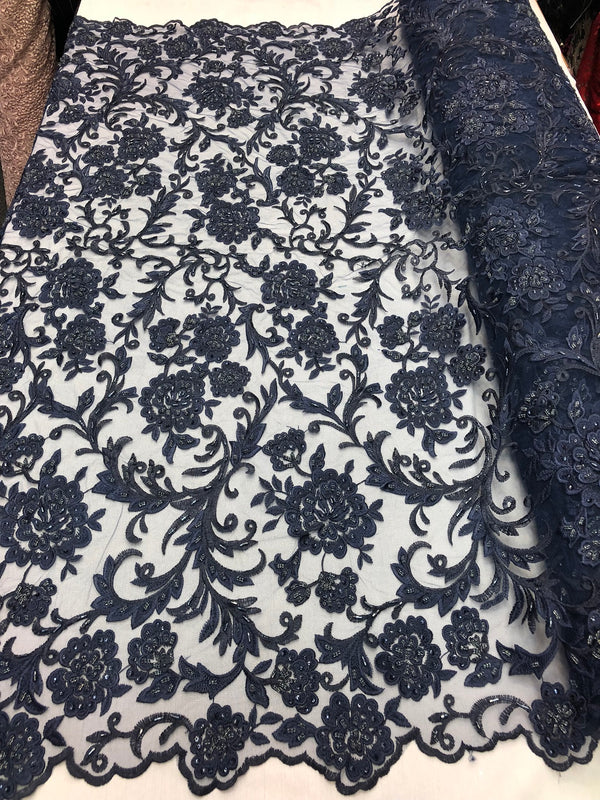 Beaded Floral - NAVY BLUE - Luxury Wedding Bridal Embroidery Lace Fabric Sold By The Yard