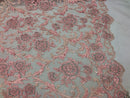 Sample 1/4 of Yard Beaded Floral - PINK - Luxury Wedding Bridal Embroidery Lace Fabric