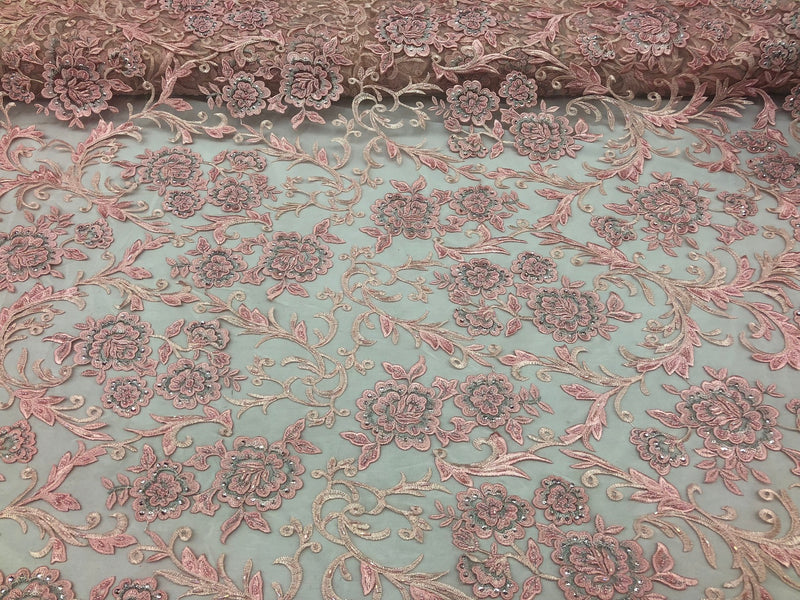 Beaded Floral - PINK - Luxury Wedding Bridal Embroidery Lace Fabric Sold By The Yard
