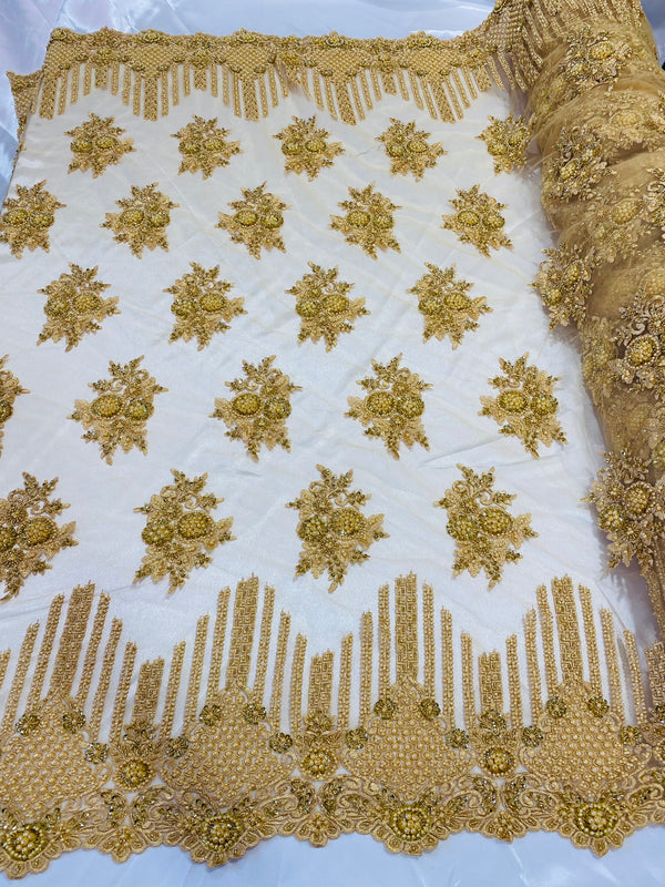 Beaded Fabric - Gold - Hand Embroidery Lace Bridal Floral Mesh Dress Fabric By Yard