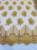 Beaded Fabric - Gold - Hand Embroidery Lace Bridal Floral Mesh Dress Fabric By Yard