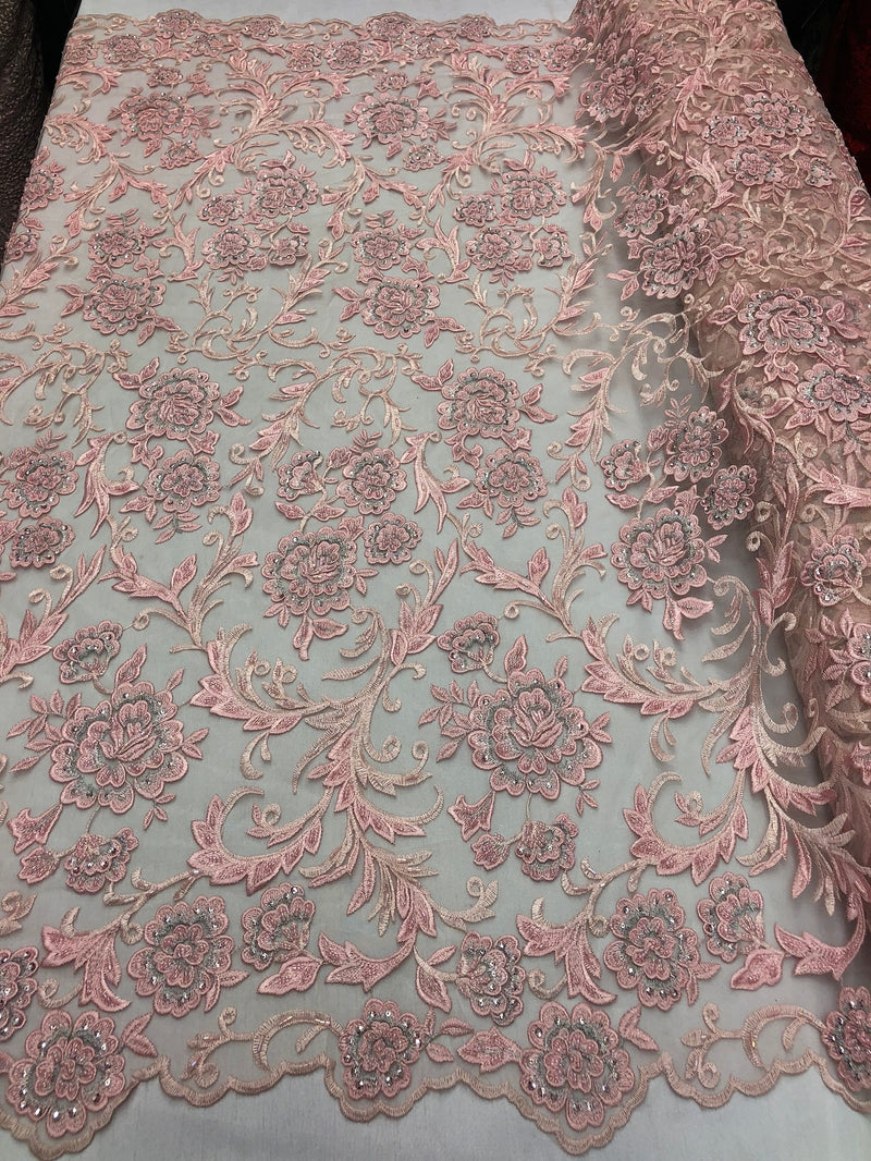 Sample 1/4 of Yard Beaded Floral - PINK - Luxury Wedding Bridal Embroidery Lace Fabric