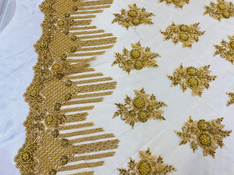 Beaded Fabric - Gold - Hand Embroidery Lace Bridal Floral Mesh Dress Fabric By Yard