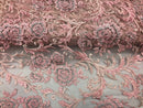 Sample 1/4 of Yard Beaded Floral - PINK - Luxury Wedding Bridal Embroidery Lace Fabric