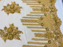 Beaded Fabric - Gold - Hand Embroidery Lace Bridal Floral Mesh Dress Fabric By Yard