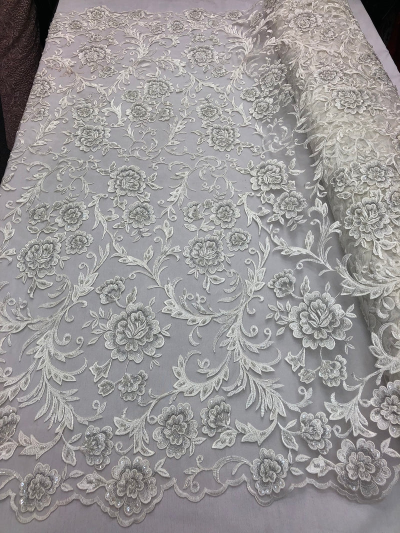 Beaded Floral - IVORY - Luxury Wedding Bridal Embroidery Lace Fabric Sold By The Yard