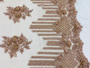 Beaded Fabric - Blush Rose - Hand Embroidery Lace Bridal Floral Mesh Dress Fabric By Yard