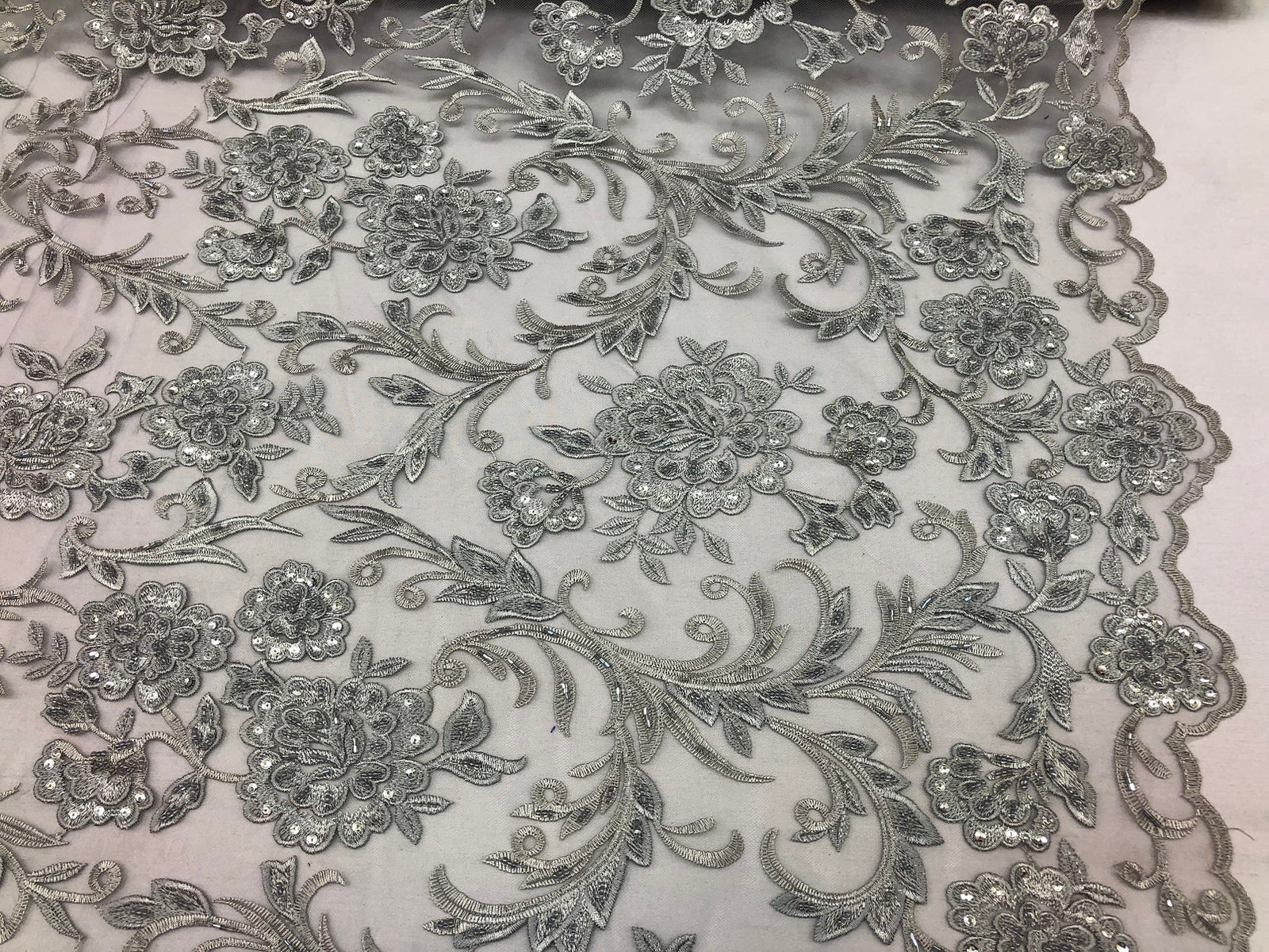 Beaded Floral - SILVER - Luxury Wedding Bridal Embroidery Lace Fabric