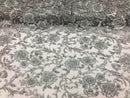 Beaded Floral - SILVER - Luxury Wedding Bridal Embroidery Lace Fabric Sold By The Yard