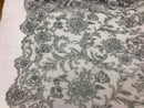 Beaded Floral - SILVER - Luxury Wedding Bridal Embroidery Lace Fabric Sold By The Yard