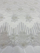 Beaded Fabric - White - Hand Embroidery Lace Bridal Floral Mesh Dress Fabric By Yard