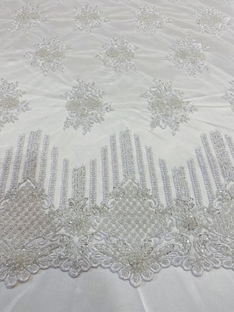 Beaded Fabric - White - Hand Embroidery Lace Bridal Floral Mesh Dress Fabric By Yard