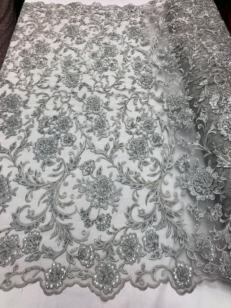 Beaded Floral - SILVER - Luxury Wedding Bridal Embroidery Lace Fabric Sold By The Yard
