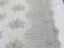 Beaded Fabric - White - Hand Embroidery Lace Bridal Floral Mesh Dress Fabric By Yard