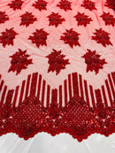 Beaded Fabric - Red - Hand Embroidery Lace Bridal Floral Mesh Dress Fabric By Yard