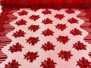 Beaded Fabric - Red - Hand Embroidery Lace Bridal Floral Mesh Dress Fabric By Yard