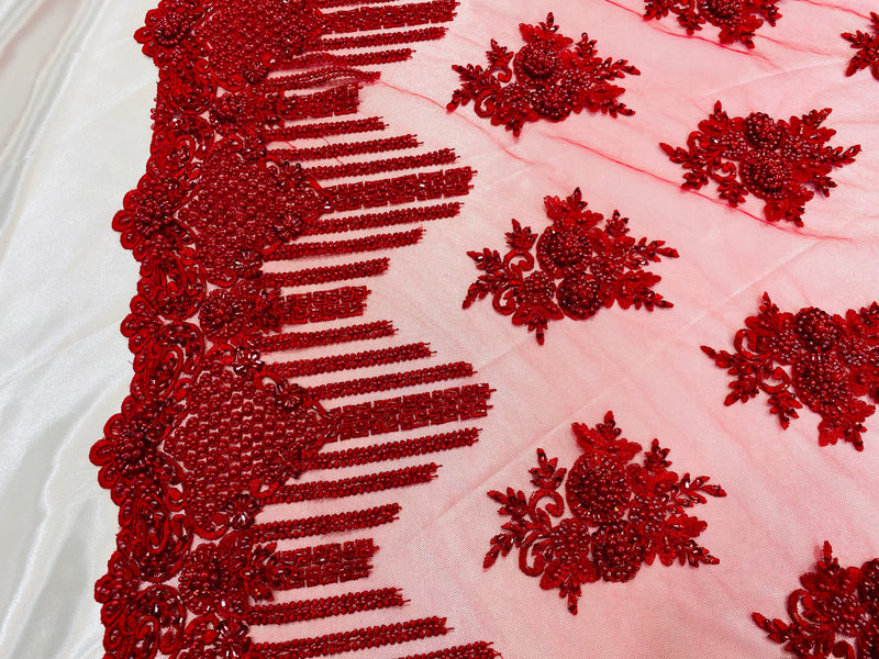 Beaded Fabric - Red - Hand Embroidery Lace Bridal Floral Mesh Dress Fabric By Yard