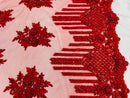 Beaded Fabric - Red - Hand Embroidery Lace Bridal Floral Mesh Dress Fabric By Yard