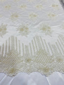Beaded Fabric - Ivory - Hand Embroidery Lace Bridal Floral Mesh Dress Fabric By Yard