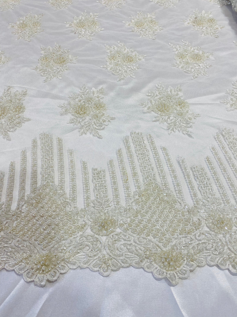 Beaded Fabric - Ivory - Hand Embroidery Lace Bridal Floral Mesh Dress Fabric By Yard