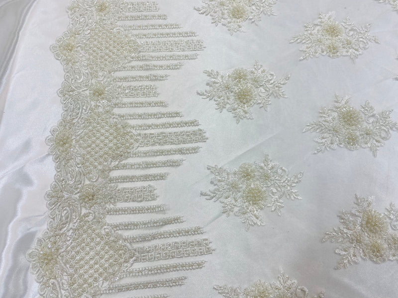 Beaded Fabric - Ivory - Hand Embroidery Lace Bridal Floral Mesh Dress Fabric By Yard