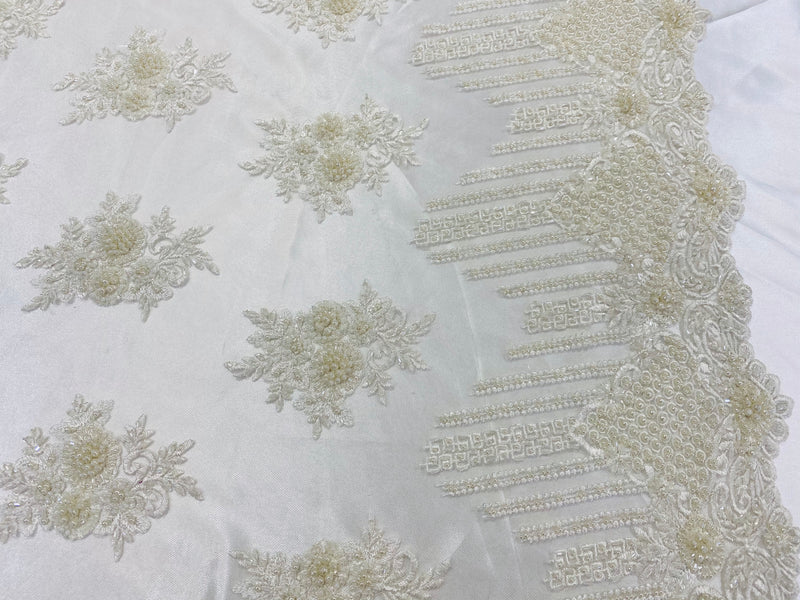 Beaded Fabric - Ivory - Hand Embroidery Lace Bridal Floral Mesh Dress Fabric By Yard