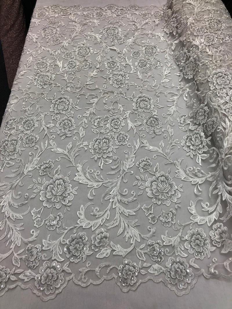 Beaded Floral - WHITE - Luxury Wedding Bridal Embroidery Lace Fabric Sold By The Yard