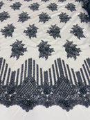 Beaded Fabric - Charcoal - Hand Embroidery Lace Bridal Floral Mesh Dress Fabric By Yard