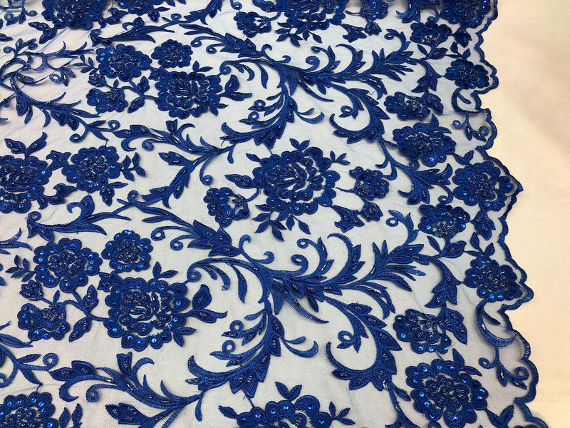 Beaded Floral - ROYAL BLUE - Luxury Wedding Bridal Embroidery Lace Fabric Sold By The Yard