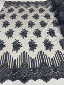 Beaded Fabric - Charcoal - Hand Embroidery Lace Bridal Floral Mesh Dress Fabric By Yard