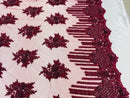Beaded Fabric - Burgundy - Hand Embroidery Lace Bridal Floral Mesh Dress Fabric By Yard
