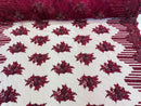 Beaded Fabric - Burgundy - Hand Embroidery Lace Bridal Floral Mesh Dress Fabric By Yard