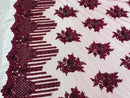 Beaded Fabric - Burgundy - Hand Embroidery Lace Bridal Floral Mesh Dress Fabric By Yard