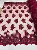 Beaded Fabric - Burgundy - Hand Embroidery Lace Bridal Floral Mesh Dress Fabric By Yard